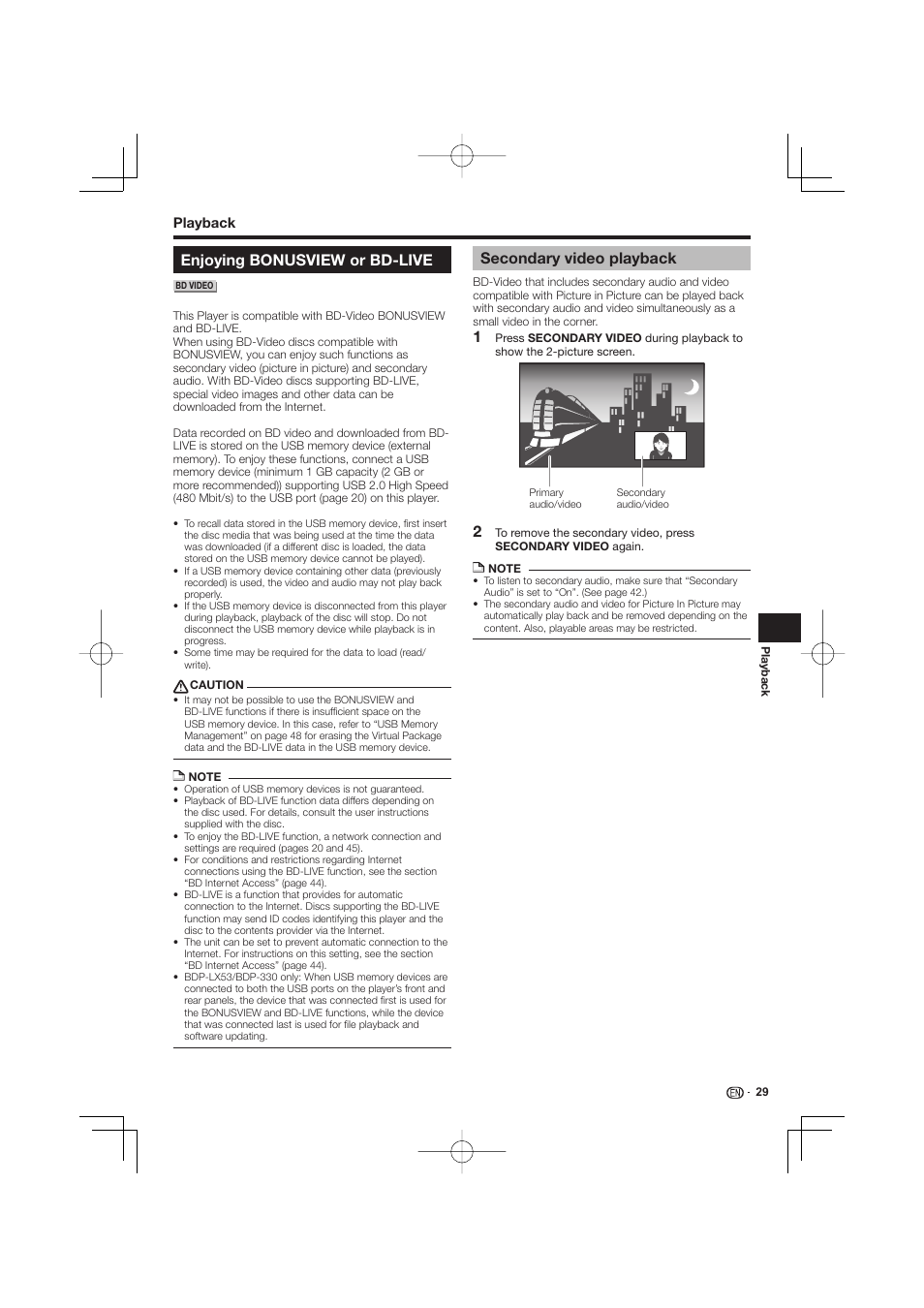 Enjoying bonusview or bd-live, Secondary video playback | Pioneer BDP-LX53 User Manual | Page 29 / 64