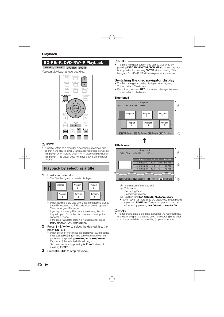 Bd-re/-r, dvd-rw/-r playback, Playback by selecting a title, Playback | Switching the disc navigator display | Pioneer BDP-LX53 User Manual | Page 30 / 64