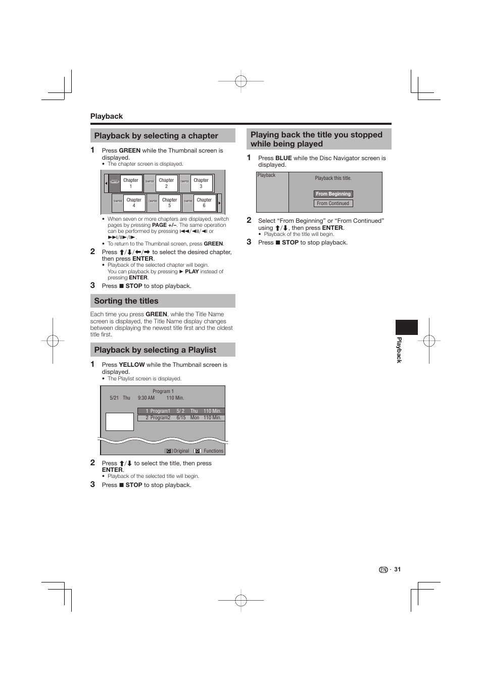 Played, Playback by selecting a chapter, Sorting the titles | Playback by selecting a playlist | Pioneer BDP-LX53 User Manual | Page 31 / 64
