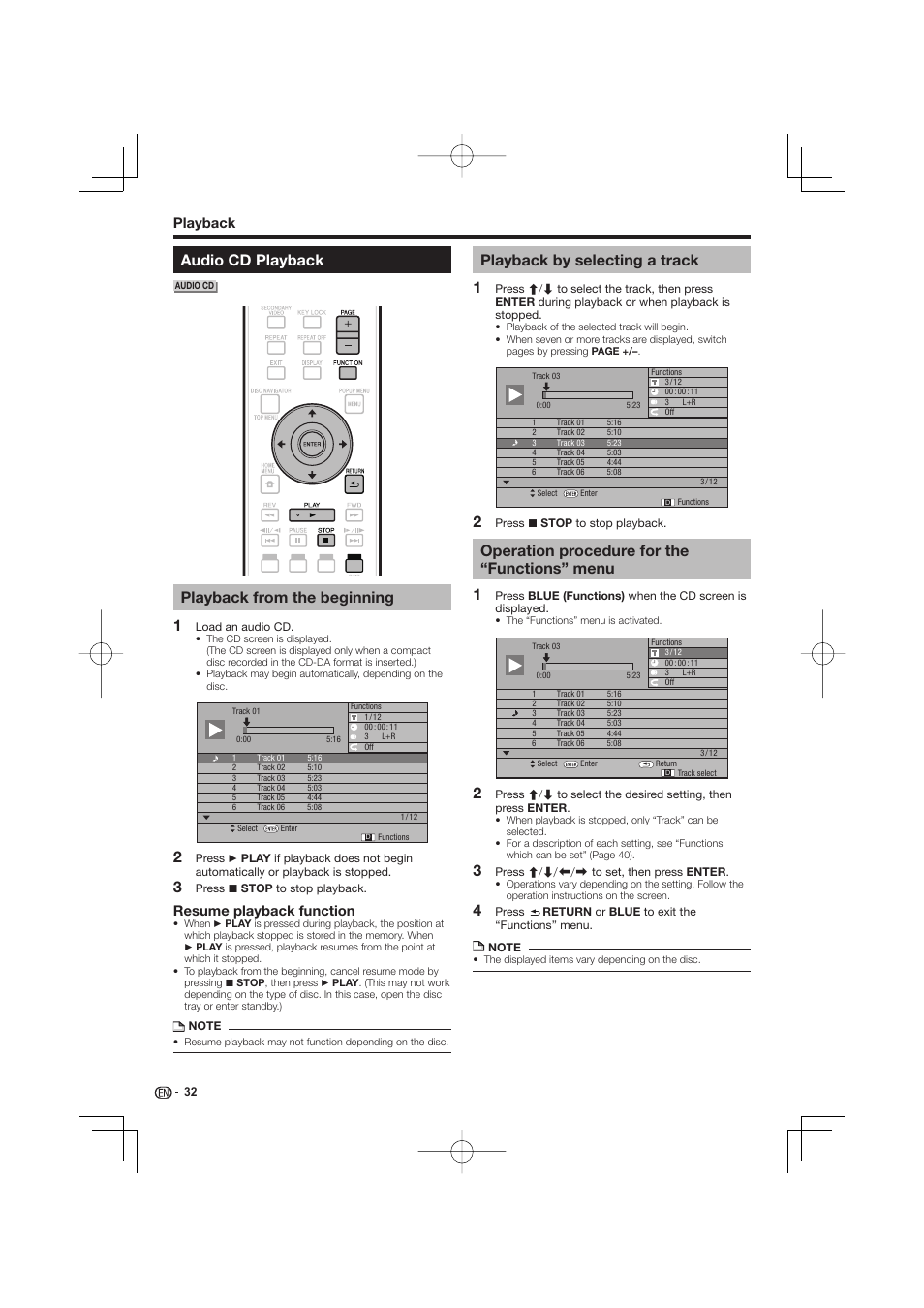 Audio cd playback, Playback from the beginning, Playback by selecting a track | Operation procedure for the “functions” menu, Resume playback function, Playback | Pioneer BDP-LX53 User Manual | Page 32 / 64
