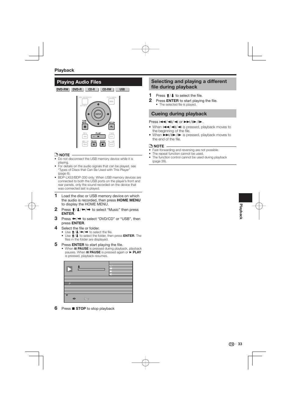 Playing audio files, Selecting and playing a different file during, Playback | Cueing during playback | Pioneer BDP-LX53 User Manual | Page 33 / 64