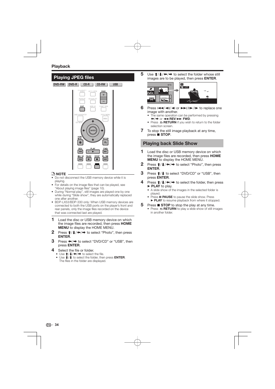Playing jpeg files, Playing back slide show | Pioneer BDP-LX53 User Manual | Page 34 / 64