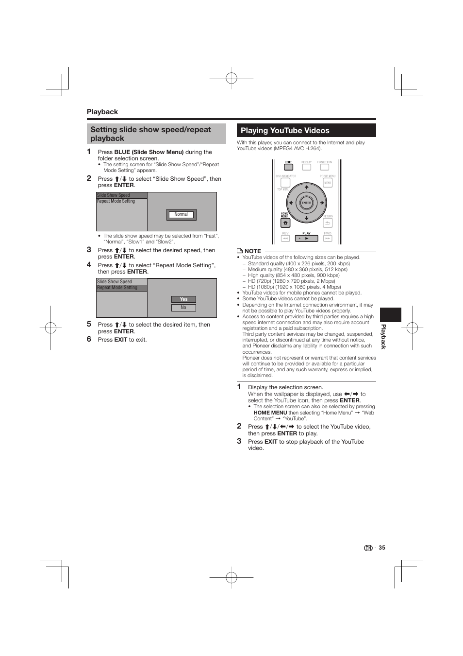 Setting slide show speed/repeat playback, Playing youtube videos | Pioneer BDP-LX53 User Manual | Page 35 / 64