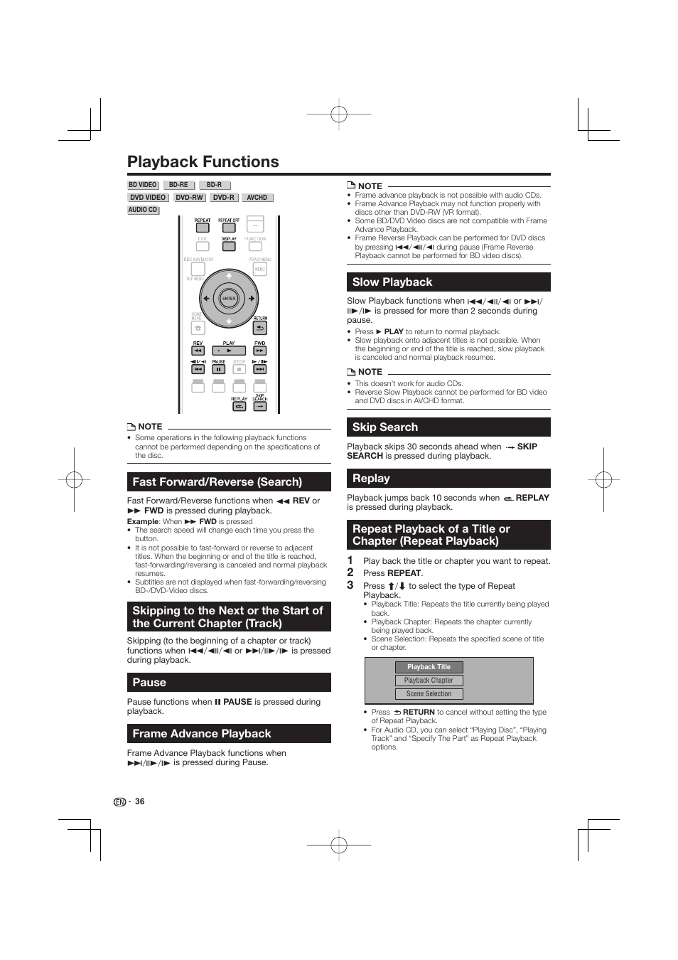 Playback functions -38, Chapter (track), Playback) | Playback functions, Fast forward/reverse (search), Pause, Frame advance playback, Slow playback, Skip search, Replay | Pioneer BDP-LX53 User Manual | Page 36 / 64