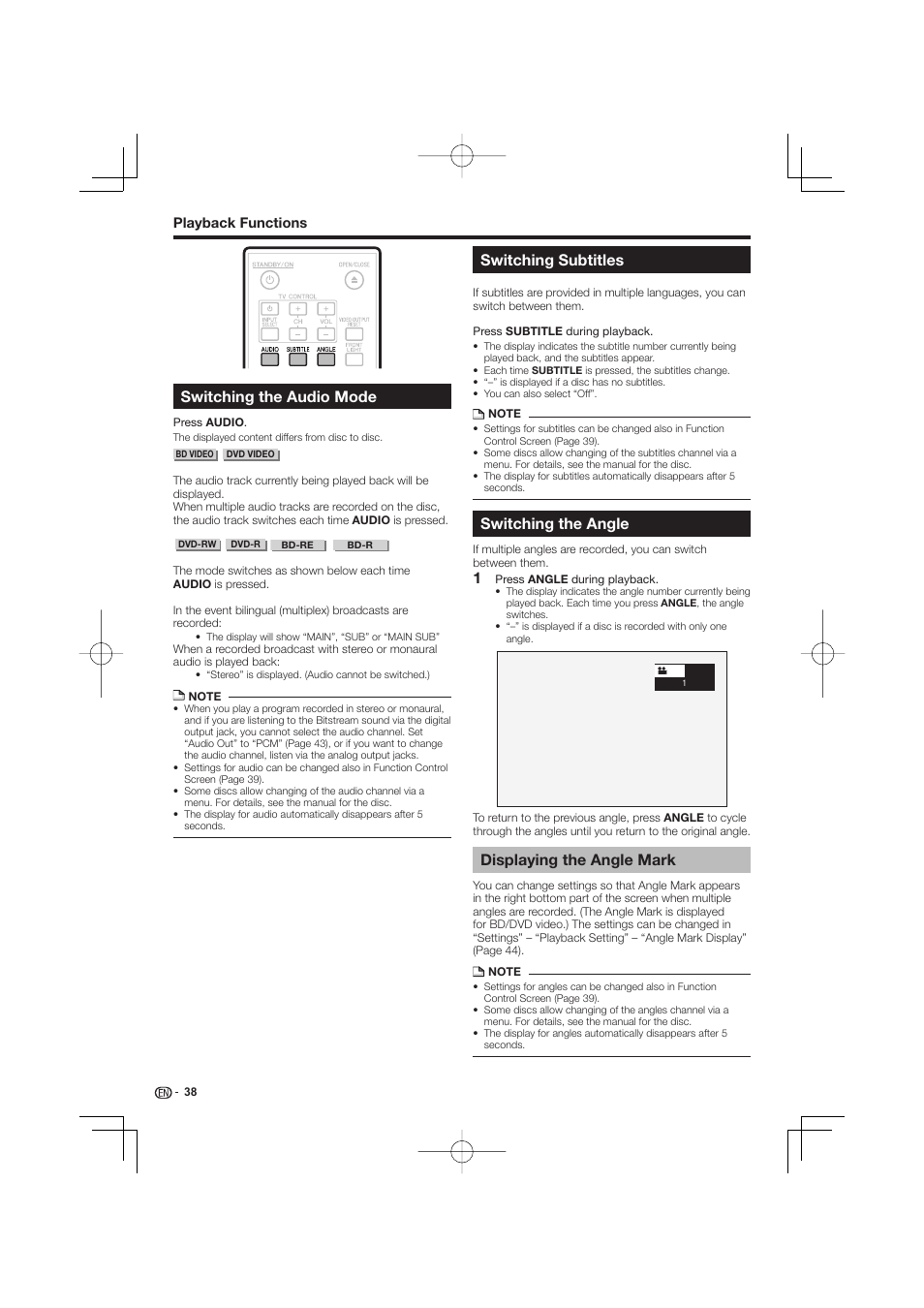 Displaying the angle mark, Switching the audio mode, Switching subtitles | Switching the angle | Pioneer BDP-LX53 User Manual | Page 38 / 64