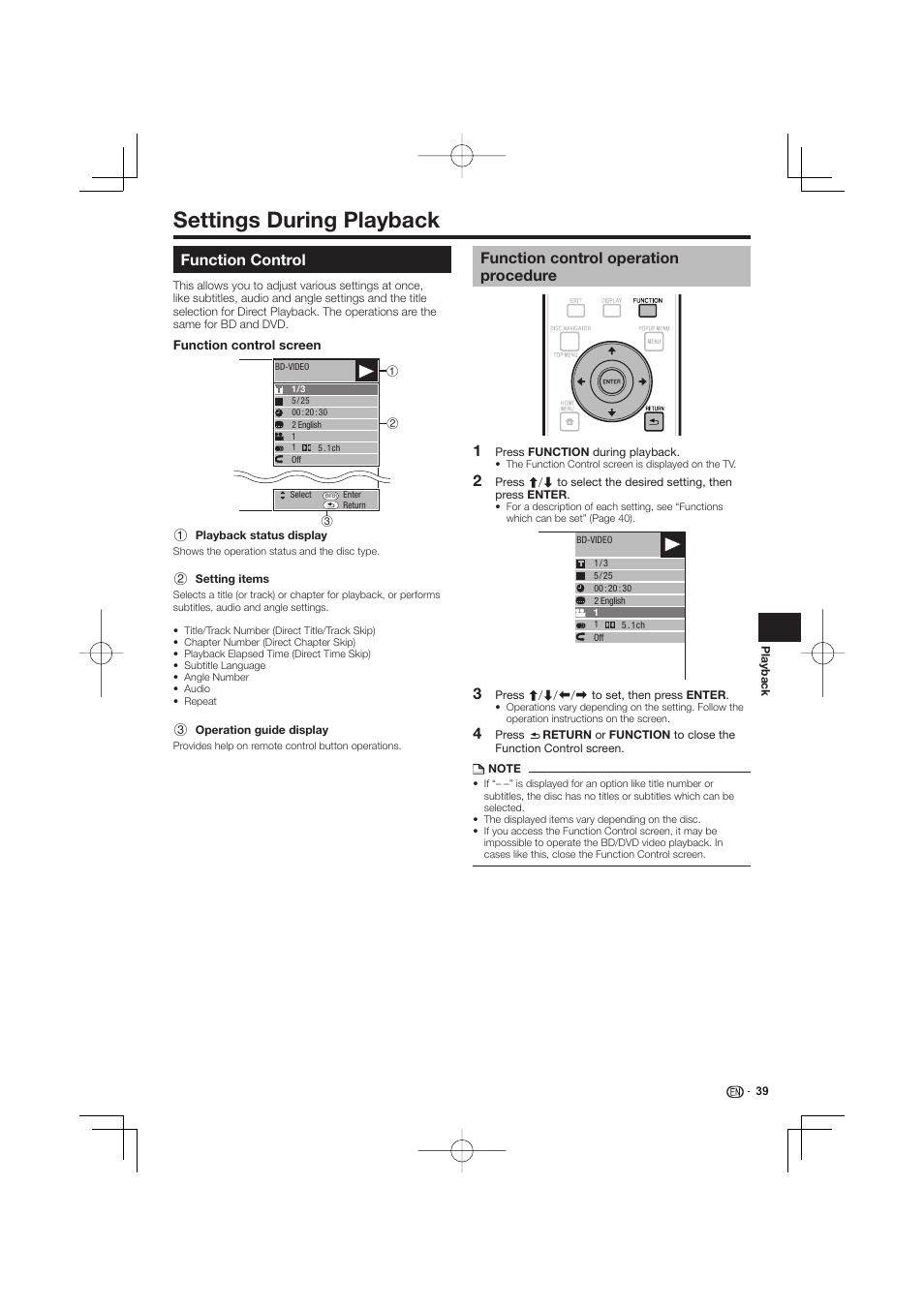 Settings during playback -40, Function control, Function control operation procedure | Settings during playback | Pioneer BDP-LX53 User Manual | Page 39 / 64