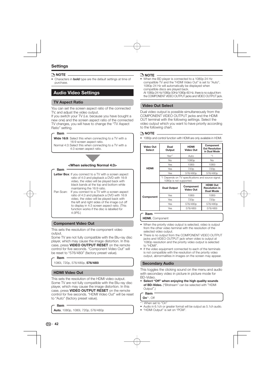 Audio video settings, Settings | Pioneer BDP-LX53 User Manual | Page 42 / 64