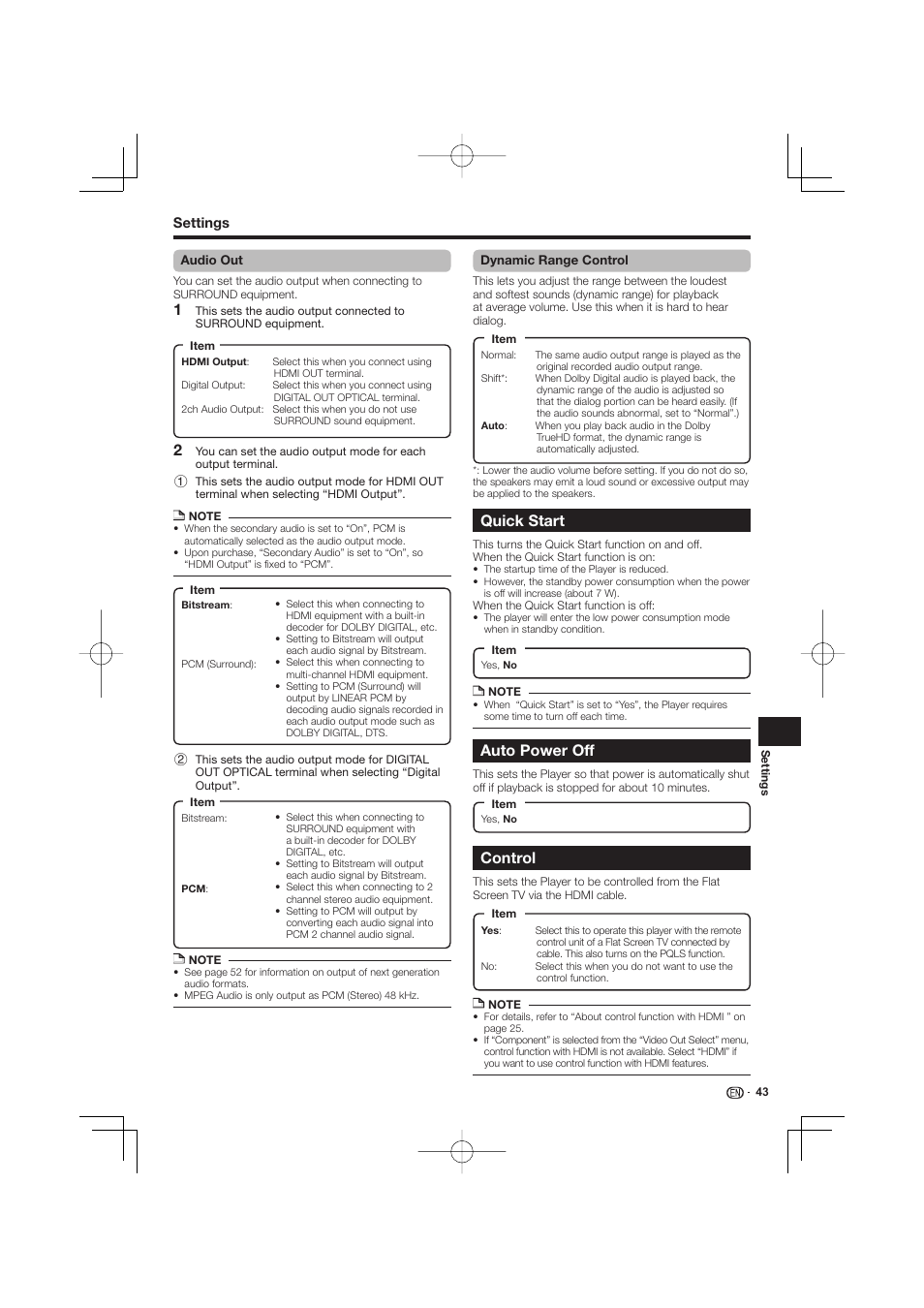 Quick start auto power off control, Quick start, Auto power off | Control | Pioneer BDP-LX53 User Manual | Page 43 / 64