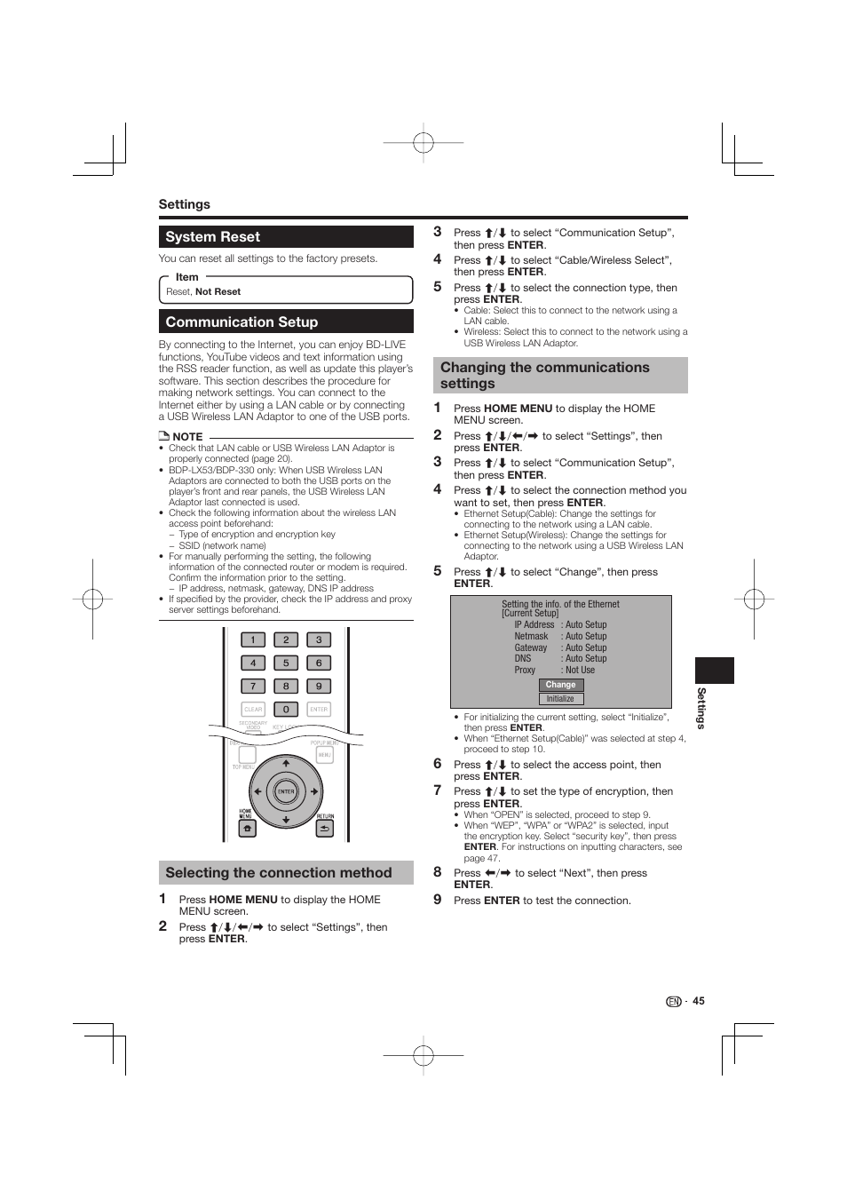 System reset communication setup, Communication setup, Selecting the connection method | Changing the communications settings, System reset | Pioneer BDP-LX53 User Manual | Page 45 / 64