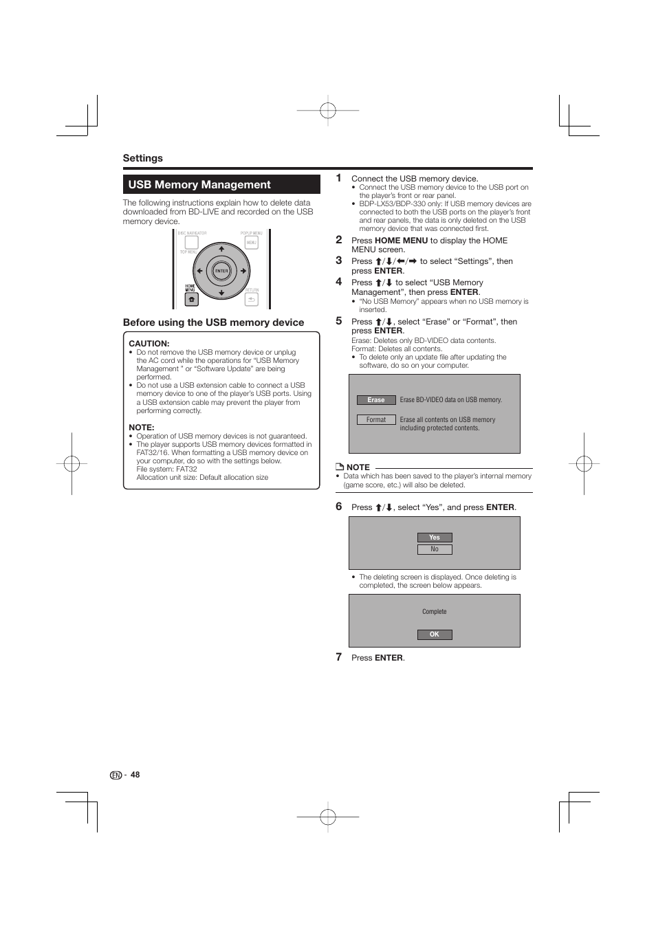 Usb memory management | Pioneer BDP-LX53 User Manual | Page 48 / 64