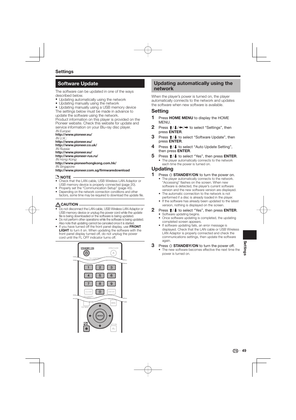 Software update, Updating automatically using the network, Setting | Updating | Pioneer BDP-LX53 User Manual | Page 49 / 64