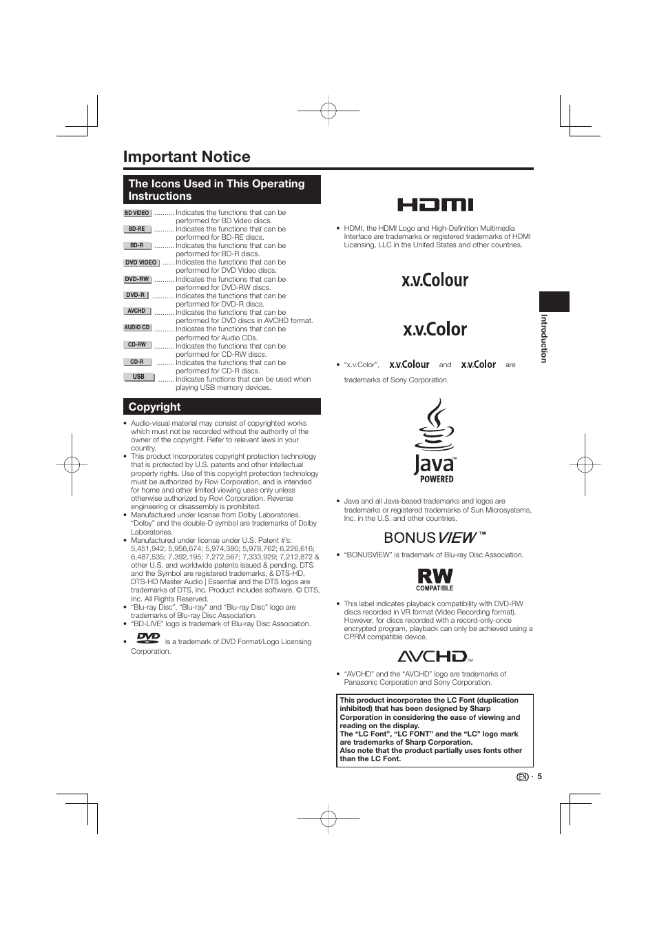Important notice, The icons used in this operating instructions, Copyright | Pioneer BDP-LX53 User Manual | Page 5 / 64