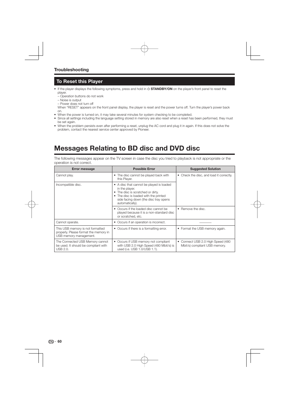 To reset this player, Messages relating to bd disc and dvd disc | Pioneer BDP-LX53 User Manual | Page 60 / 64