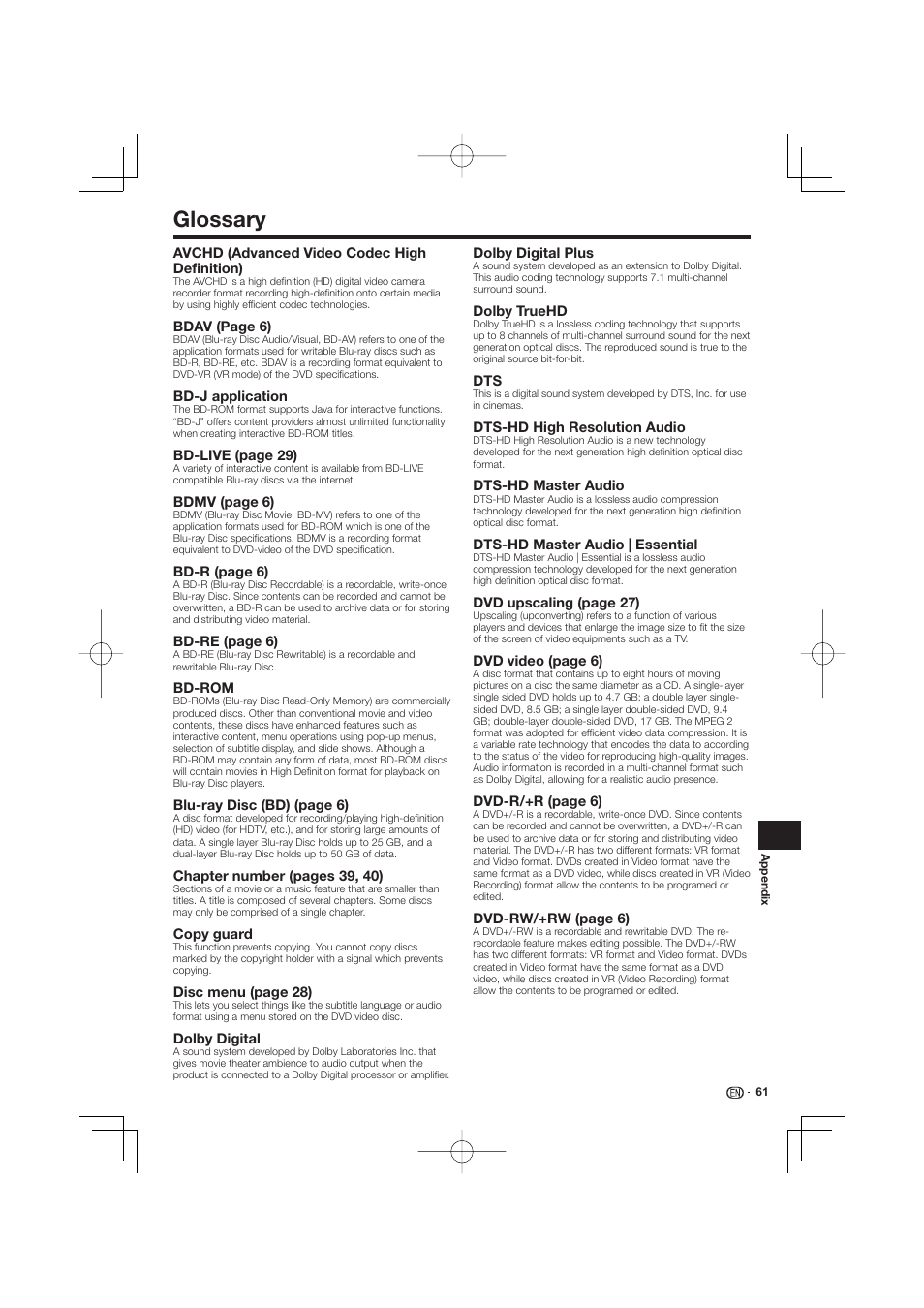 Glossary -62, Glossary | Pioneer BDP-LX53 User Manual | Page 61 / 64