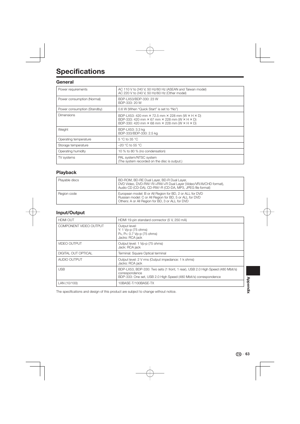 Specifications, General, Playback | Input/output | Pioneer BDP-LX53 User Manual | Page 63 / 64