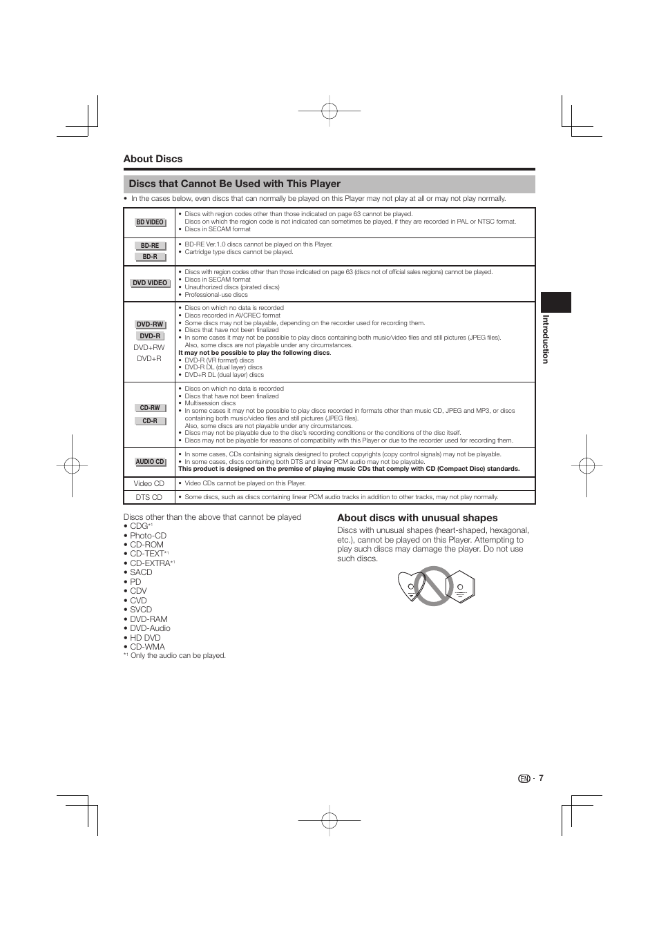 Discs that cannot be used with this player, About discs with unusual shapes | Pioneer BDP-LX53 User Manual | Page 7 / 64