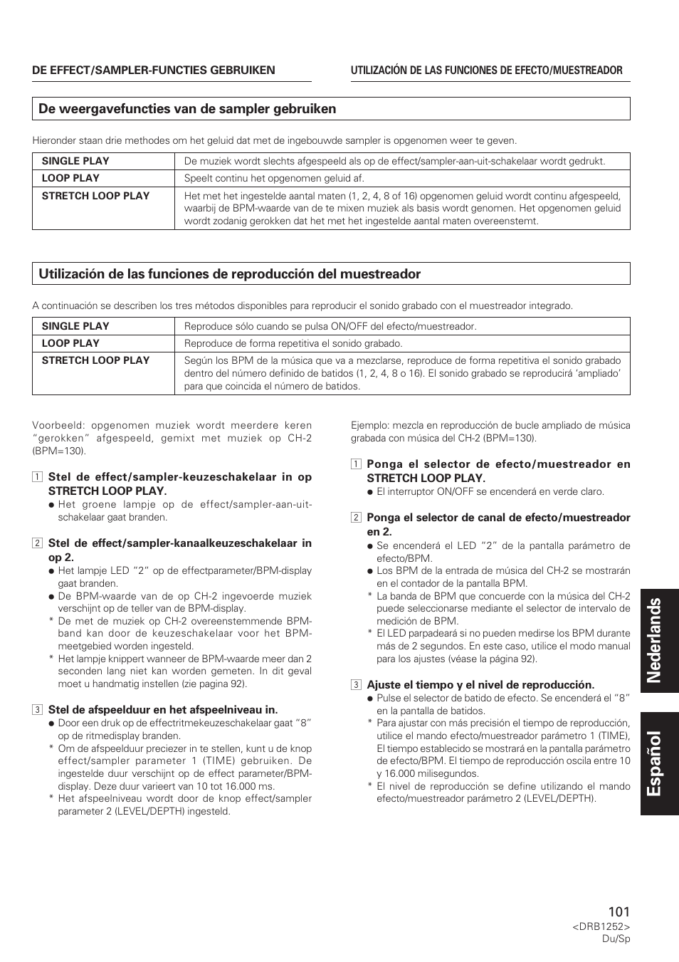 De weergavefuncties van de sampler gebruiken, Utilización de las funciones de reproducción, Del muestreador | Nederlands español | Pioneer DJM-600 User Manual | Page 101 / 110