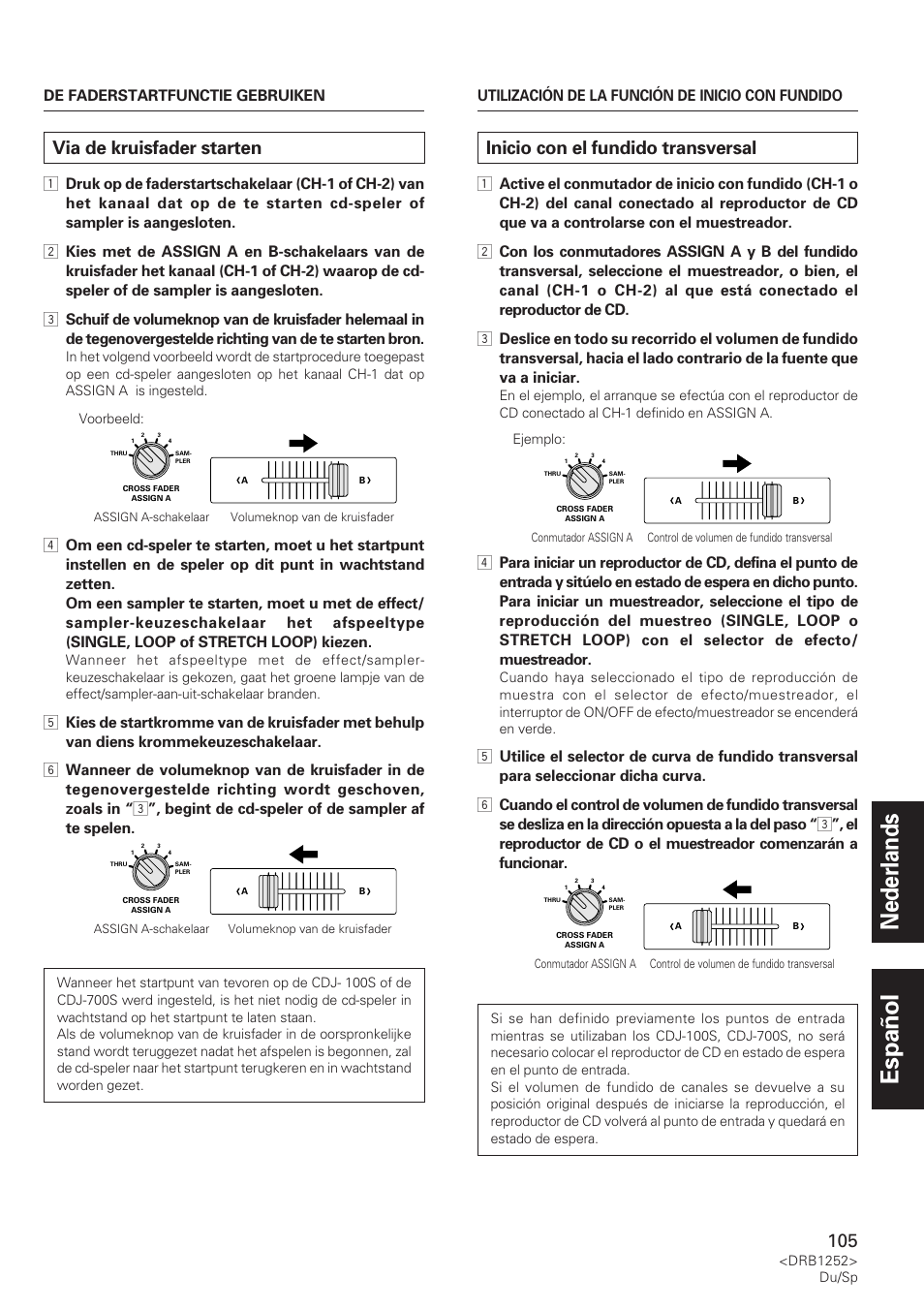 Via de kruisfader starten, Inicio con el fundido transversal, Nederlands español | Pioneer DJM-600 User Manual | Page 105 / 110