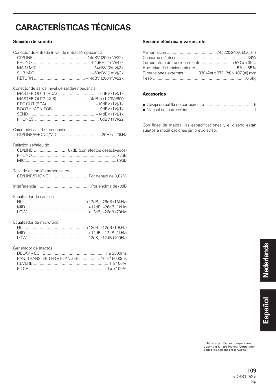 Características técnicas, Nederlands español | Pioneer DJM-600 User Manual | Page 109 / 110