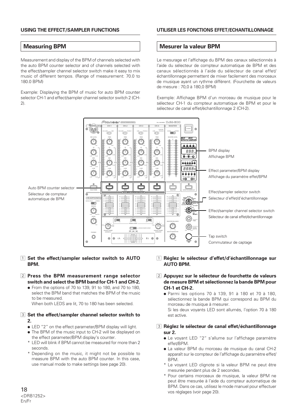 Measuring bpm, Mesurer la valeur bpm, Drb1252> en/fr | Djm-600 | Pioneer DJM-600 User Manual | Page 18 / 110
