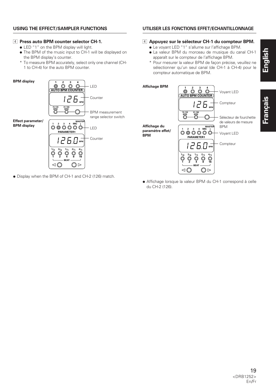 English français, 4 press auto bpm counter selector ch-1, Drb1252> en/fr | Pioneer DJM-600 User Manual | Page 19 / 110