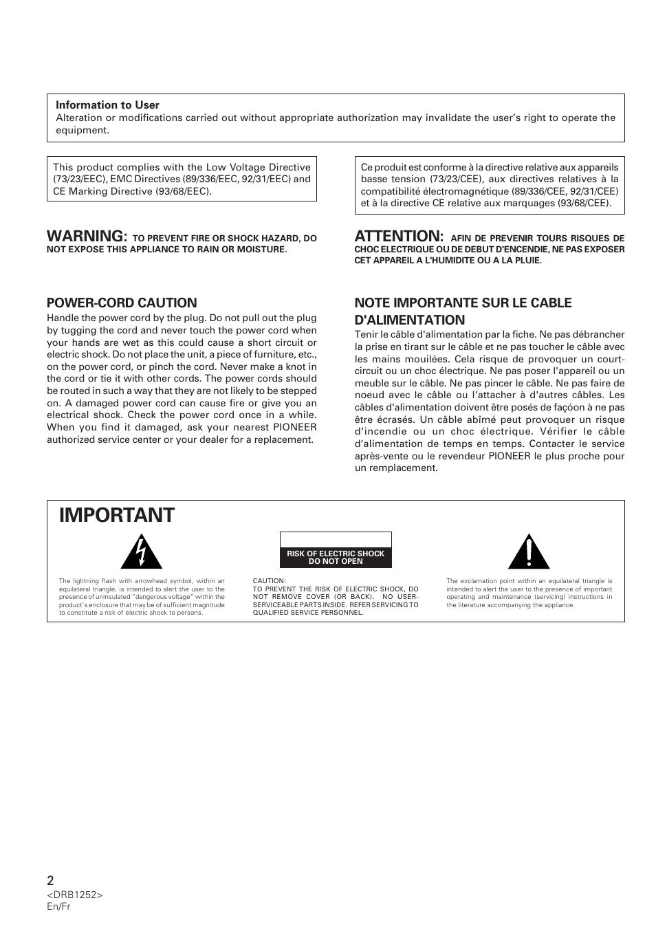 Important, Attention, Warning | Caution, Power-cord caution | Pioneer DJM-600 User Manual | Page 2 / 110