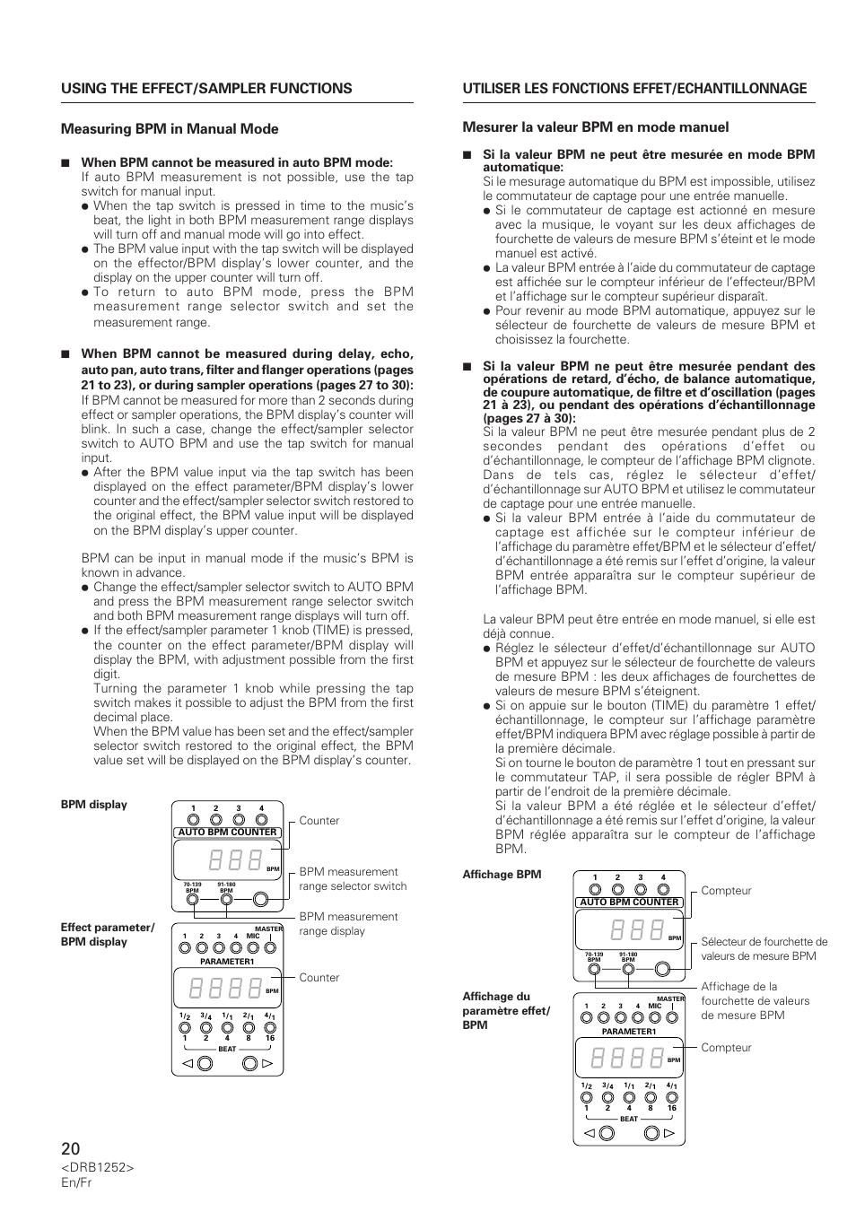 Measuring bpm in manual mode, Drb1252> en/fr | Pioneer DJM-600 User Manual | Page 20 / 110