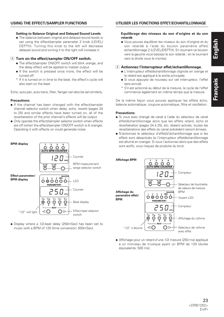 English français, 4 turn on the effect/sampler on/off switch, 4 actionnez l’interrupteur effet/échantillonnage | Pioneer DJM-600 User Manual | Page 23 / 110
