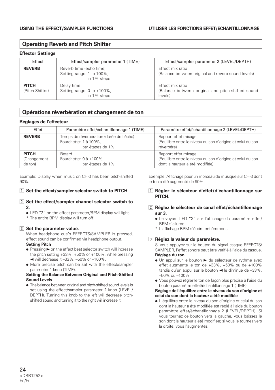 Operating reverb and pitch shifter, Opérations réverbération et changement de ton | Pioneer DJM-600 User Manual | Page 24 / 110