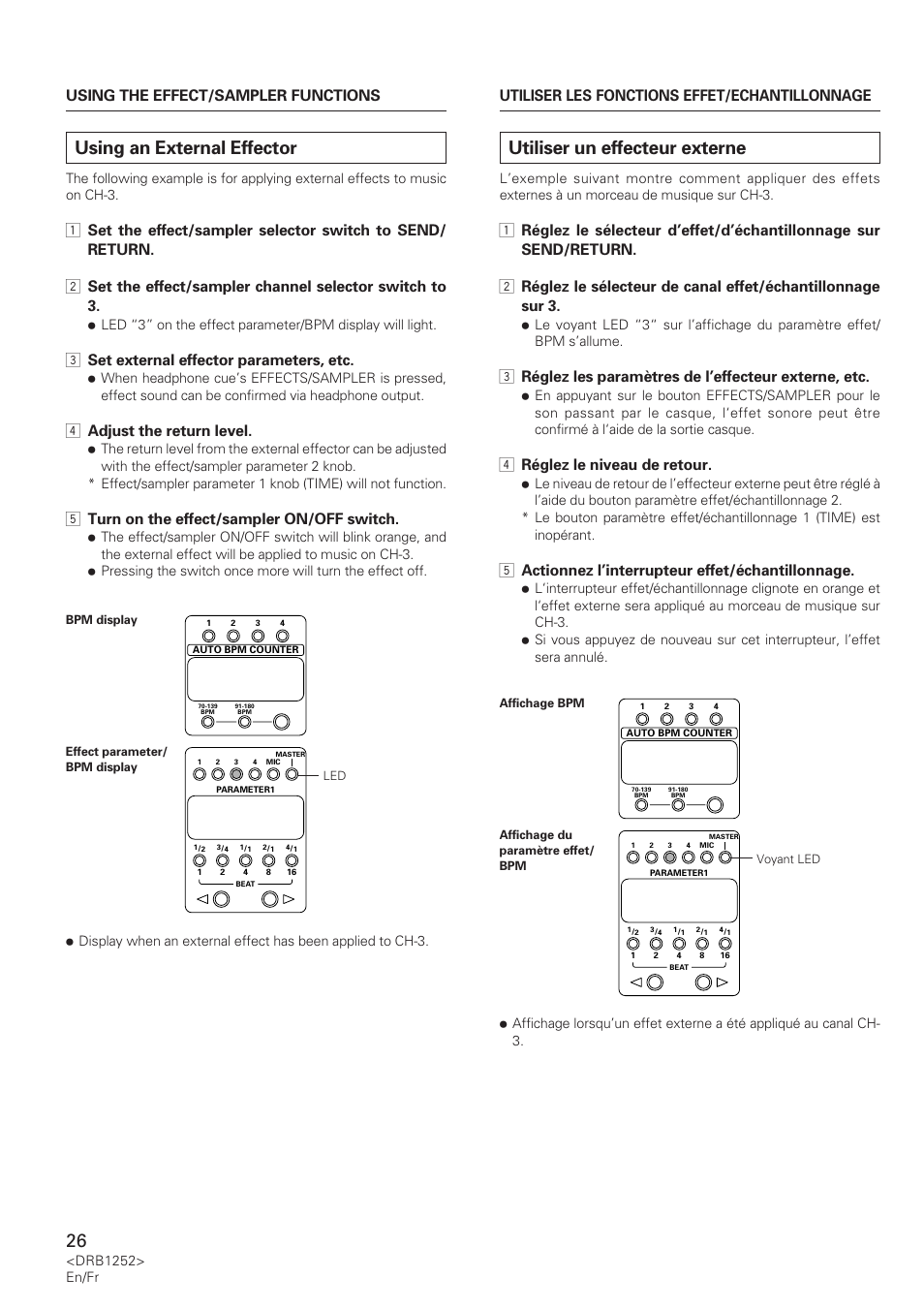 Using an external effector, Utiliser un effecteur externe, 3 set external effector parameters, etc | 4 adjust the return level, 5 turn on the effect/sampler on/off switch, 4 réglez le niveau de retour, 5 actionnez l’interrupteur effet/échantillonnage | Pioneer DJM-600 User Manual | Page 26 / 110