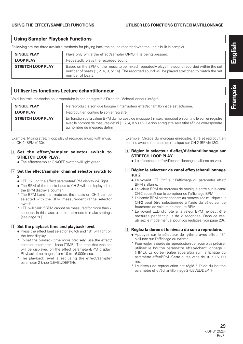 English français, Using sampler playback functions, Utiliser les fonctions lecture échantillonneur | Pioneer DJM-600 User Manual | Page 29 / 110