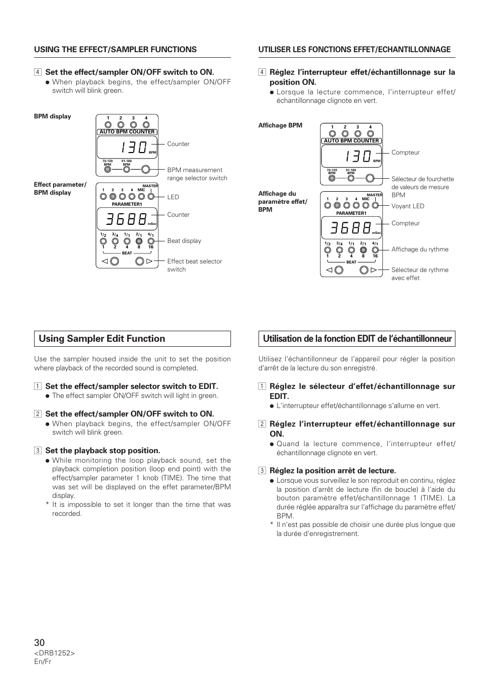 Using sampler edit function, 1 set the effect/sampler selector switch to edit, 2 set the effect/sampler on/off switch to on | 3 set the playback stop position, 3 réglez la position arrêt de lecture, 4 set the effect/sampler on/off switch to on | Pioneer DJM-600 User Manual | Page 30 / 110