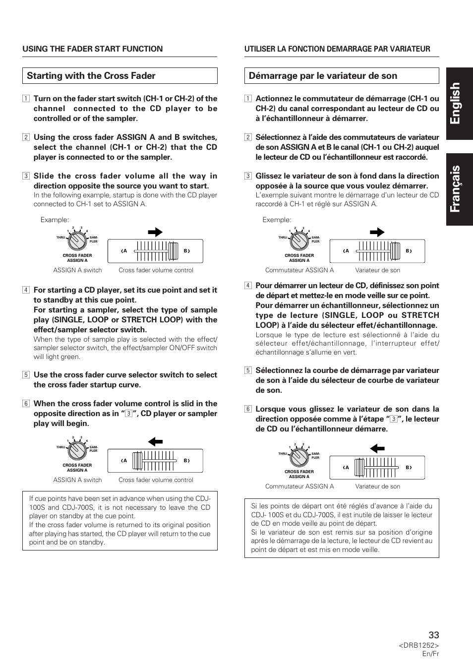 English français, Starting with the cross fader, Démarrage par le variateur de son | Pioneer DJM-600 User Manual | Page 33 / 110