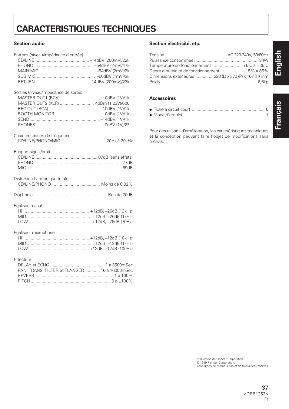 Caracteristiques techniques, English français | Pioneer DJM-600 User Manual | Page 37 / 110