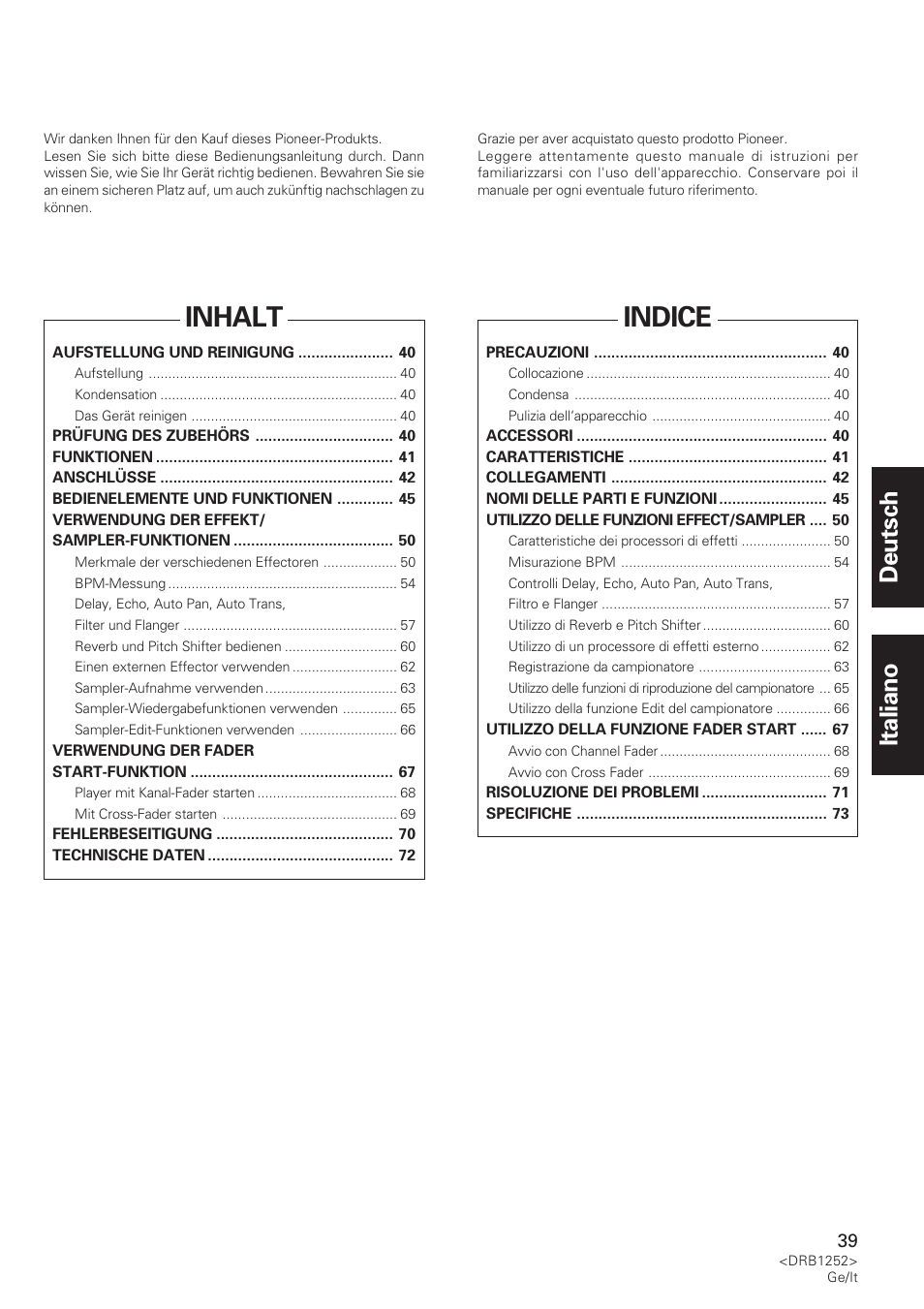 Inhalt, Indice, Deutsch italiano | Pioneer DJM-600 User Manual | Page 39 / 110