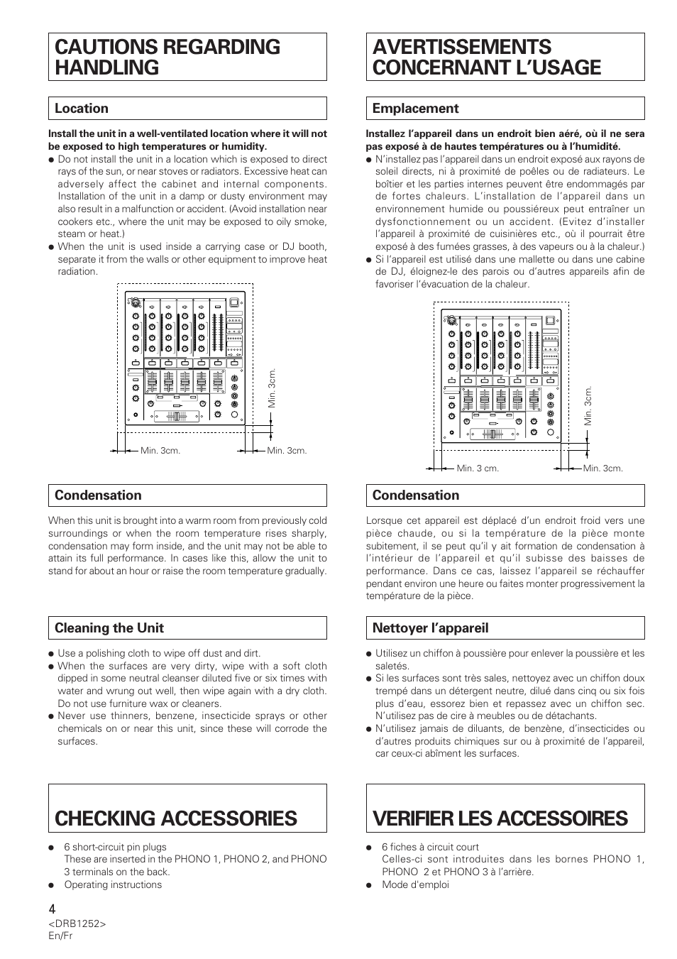 Checking accessories, Cautions regarding handling, Verifier les accessoires | Avertissements concernant l’usage | Pioneer DJM-600 User Manual | Page 4 / 110