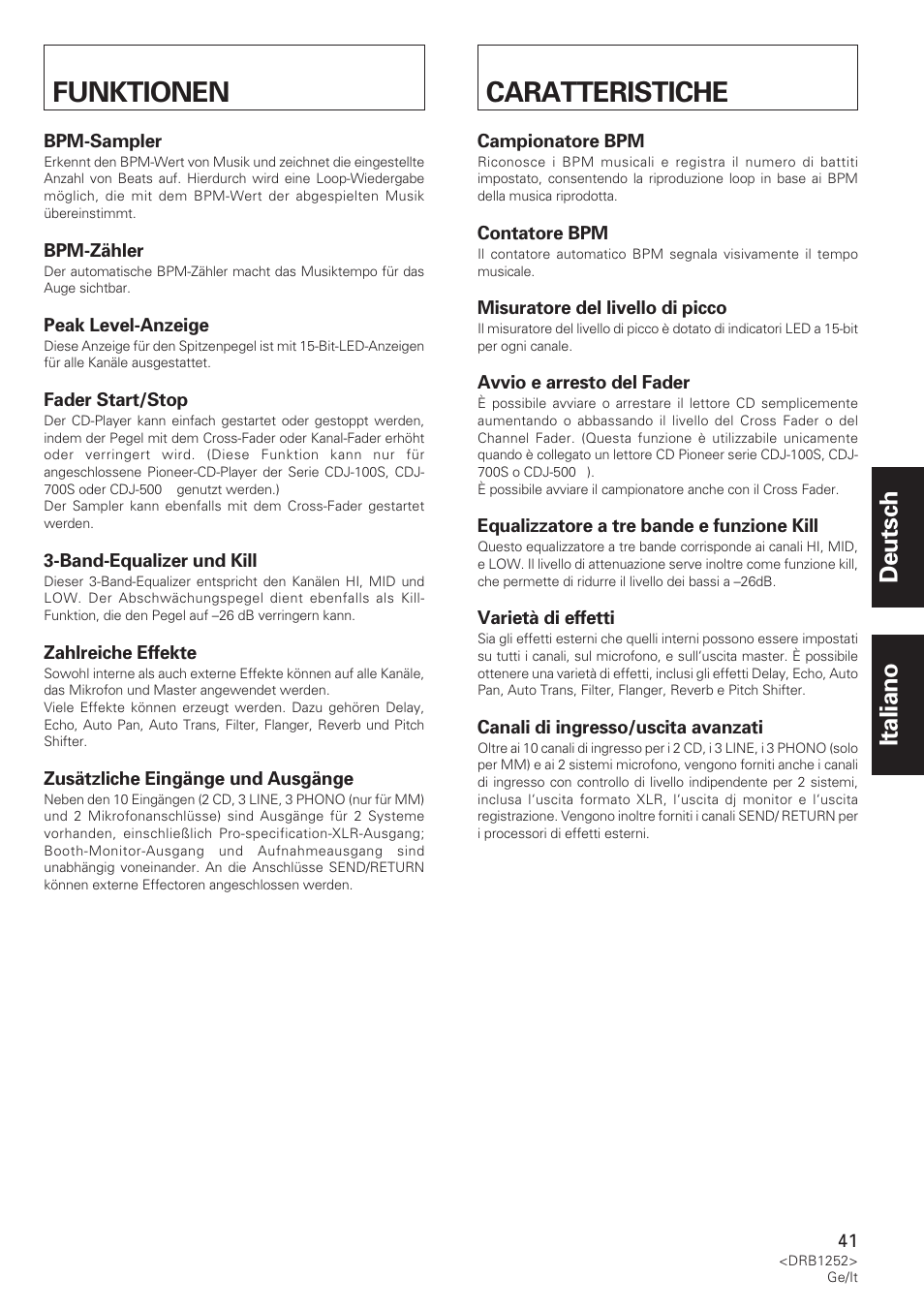 Funktionen, Caratteristiche, Deutsch italiano | Pioneer DJM-600 User Manual | Page 41 / 110