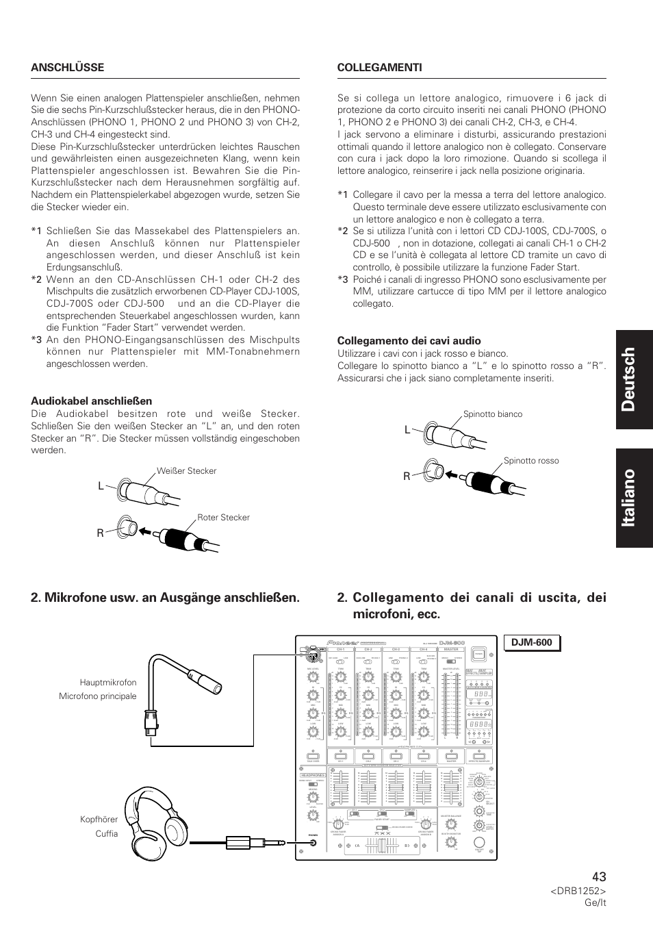 Deutsch italiano, Mikrofone usw. an ausgänge anschließen, Anschlüsse | Audiokabel anschließen, Collegamento dei cavi audio, Collegamenti, Drb1252> ge/it, Parameter 1, Parameter 2, Beat sampler | Pioneer DJM-600 User Manual | Page 43 / 110