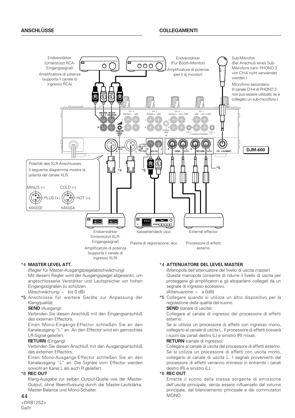 Anschlüsse collegamenti, Drb1252> ge/it | Pioneer DJM-600 User Manual | Page 44 / 110