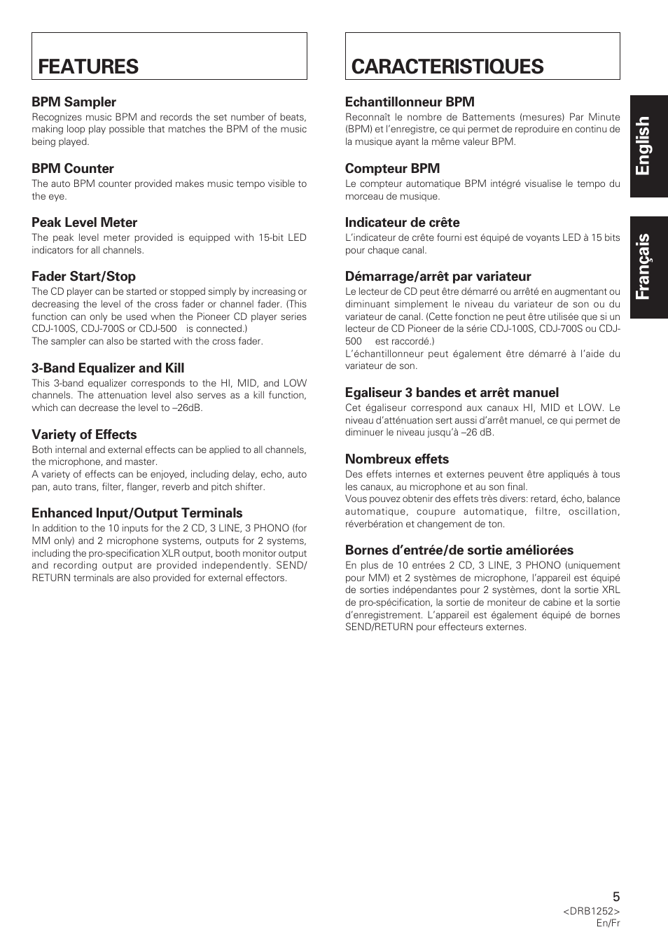 Features, Caracteristiques, English français | Pioneer DJM-600 User Manual | Page 5 / 110