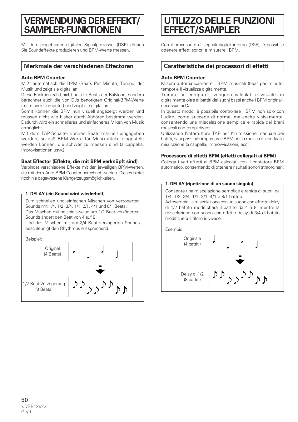 Verwendung der effekt/ sampler-funktionen, Merkmale der verschiedenen effectoren, Utilizzo delle funzioni effect/sampler | Caratteristiche dei processori di effetti | Pioneer DJM-600 User Manual | Page 50 / 110