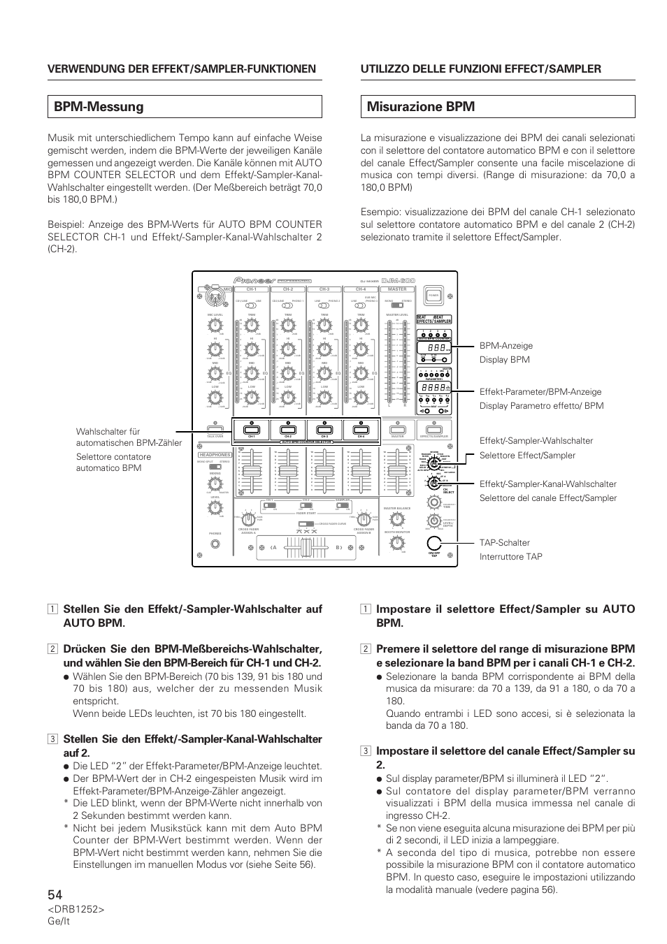 Bpm-messung, Misurazione bpm, Drb1252> ge/it | Djm-600 | Pioneer DJM-600 User Manual | Page 54 / 110