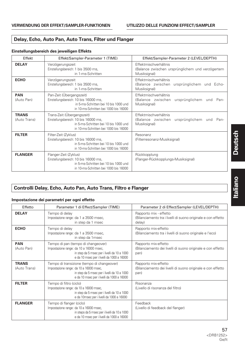 Delay, echo, auto pan, auto trans, Filter und flanger, Controlli delay, echo, auto pan, auto trans | Filtro e flanger, Deutsch italiano | Pioneer DJM-600 User Manual | Page 57 / 110