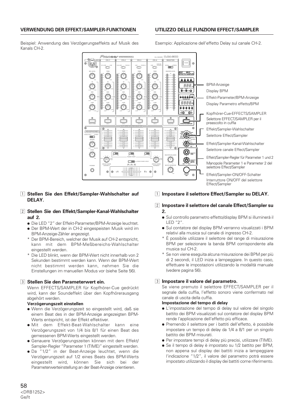 3 stellen sie den parameterwert ein, 3 impostare il valore del parametro, Drb1252> ge/it | Djm-600 | Pioneer DJM-600 User Manual | Page 58 / 110