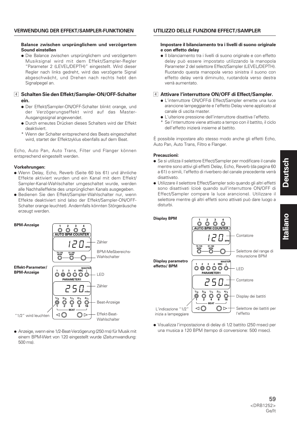 Deutsch italiano, 4 attivare l‘interruttore on/off di effect/sampler | Pioneer DJM-600 User Manual | Page 59 / 110