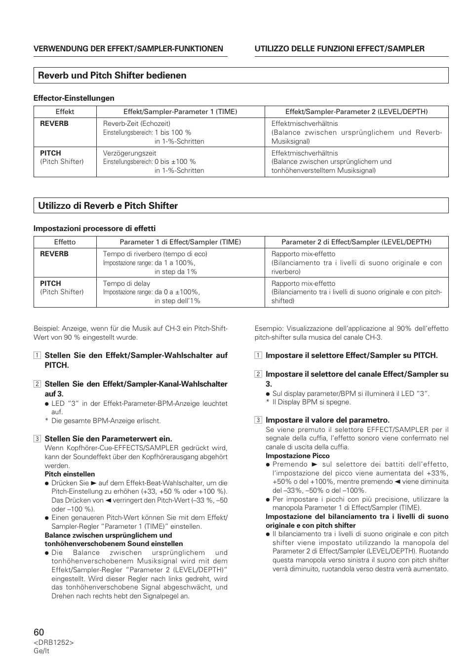 Reverb und pitch shifter bedienen, Utilizzo di reverb e pitch shifter | Pioneer DJM-600 User Manual | Page 60 / 110