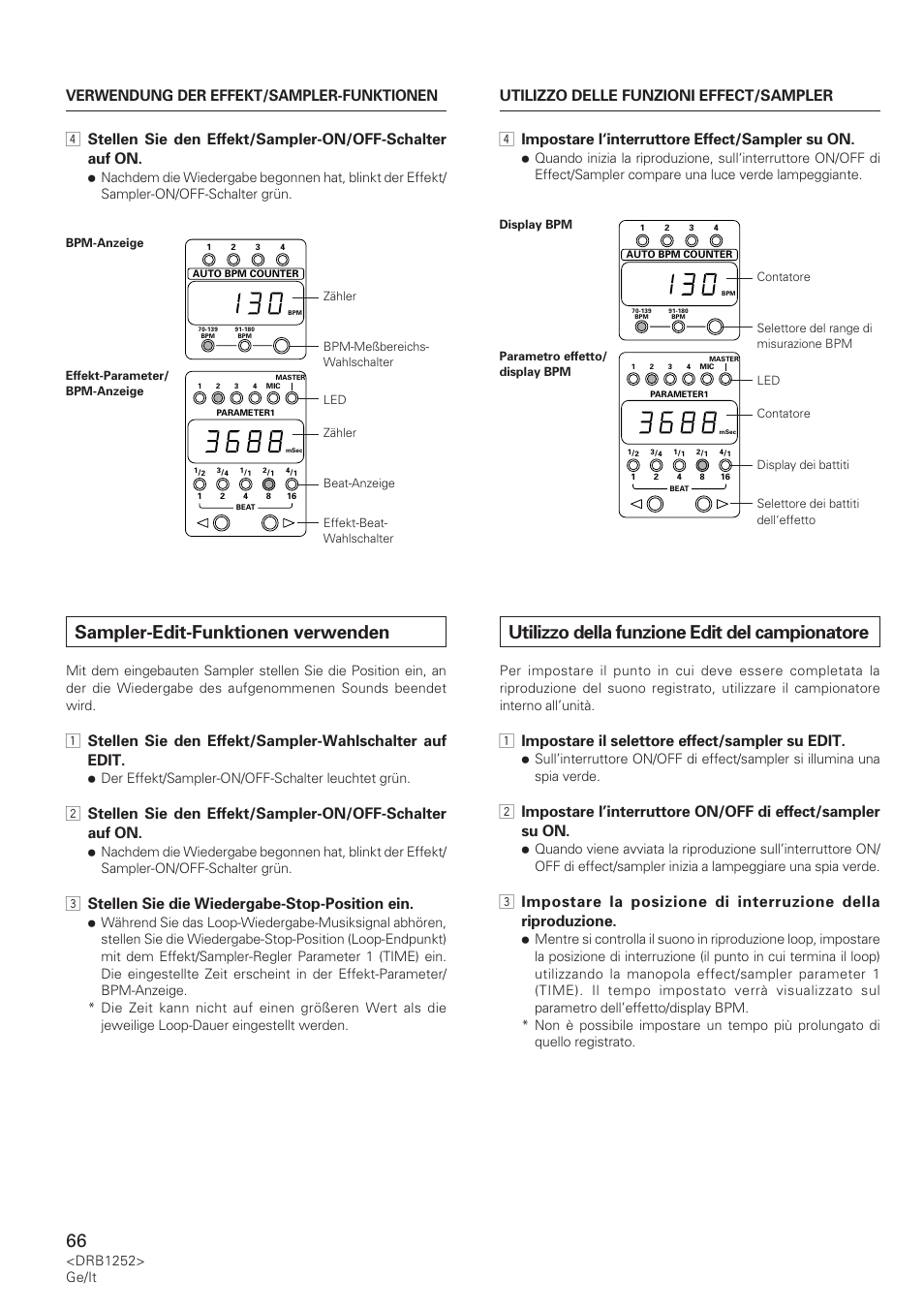 Sampler-edit-funktionen verwenden, Utilizzo della funzione edit del campionatore, 4 impostare l‘interruttore effect/sampler su on | 3 stellen sie die wiedergabe-stop-position ein, 1 impostare il selettore effect/sampler su edit | Pioneer DJM-600 User Manual | Page 66 / 110