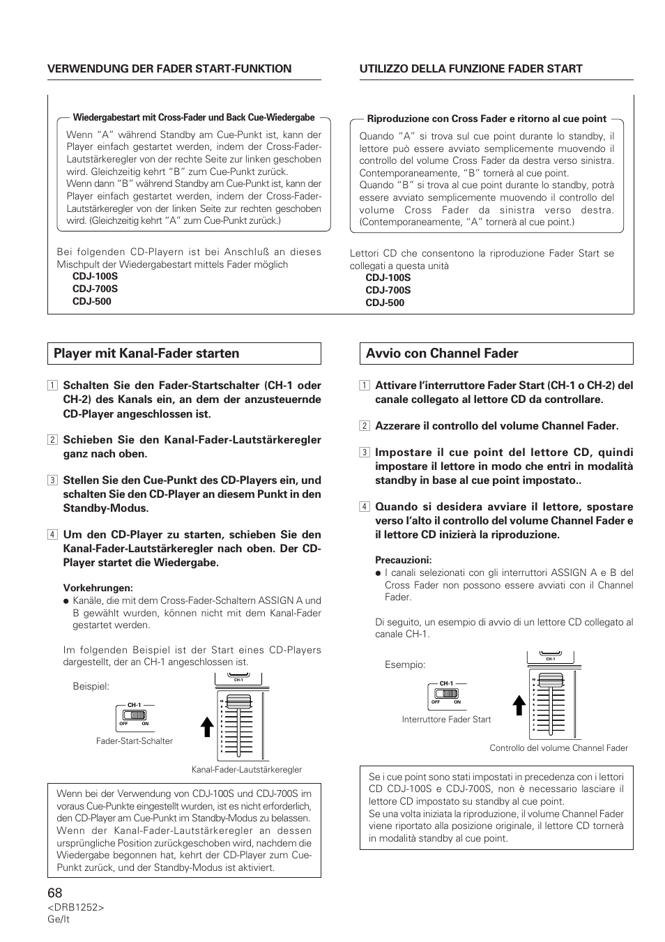 Player mit kanal-fader starten, Avvio con channel fader | Pioneer DJM-600 User Manual | Page 68 / 110