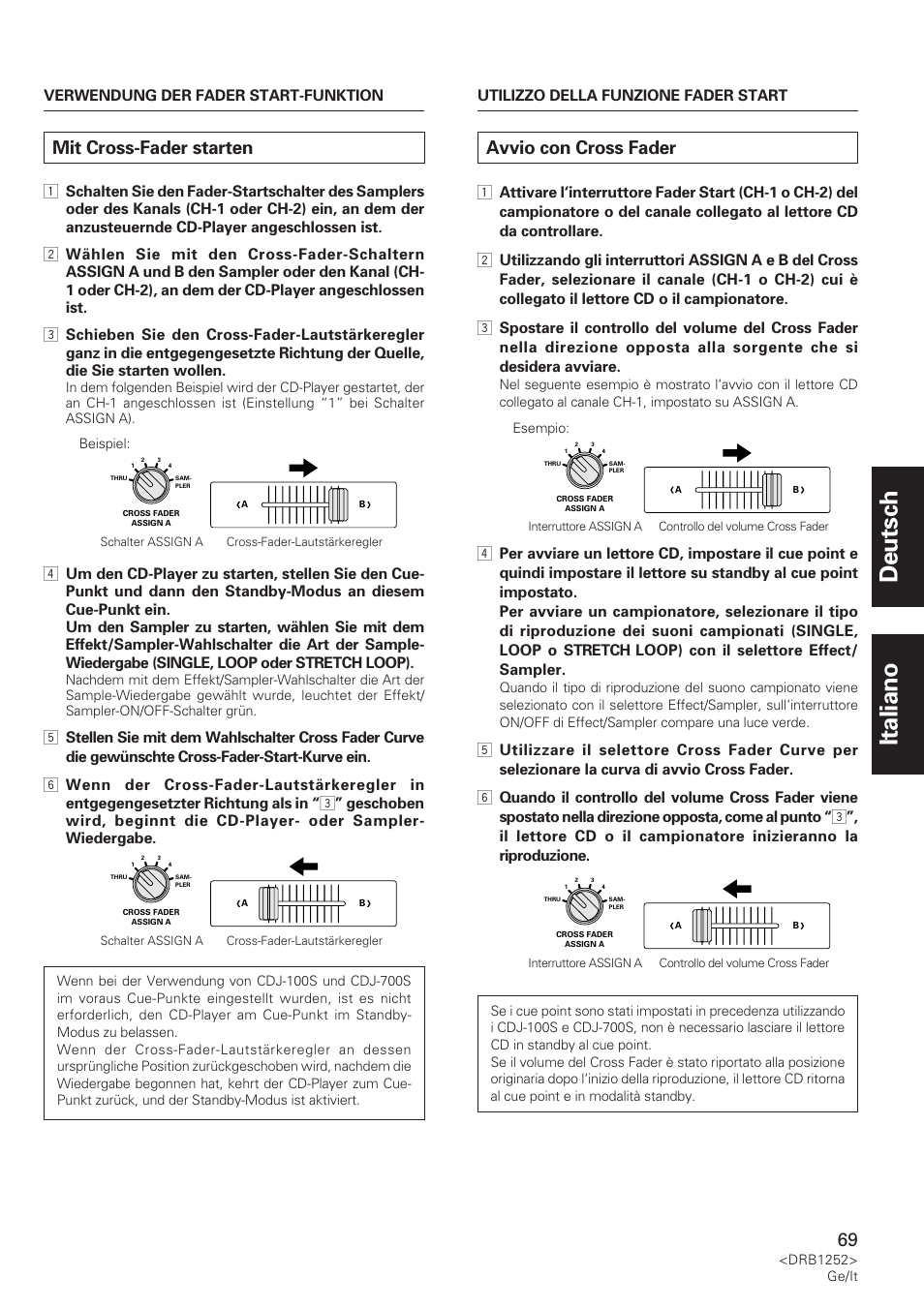 Mit cross-fader starten, Avvio con cross fader, Deutsch italiano | Pioneer DJM-600 User Manual | Page 69 / 110