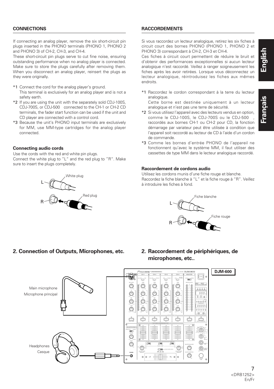 English français, Connection of outputs, microphones, etc, Raccordement de périphériques, de microphones, etc | Connections, Connecting audio cords, Raccordement de cordons audio, Raccordements, Drb1252> en/fr, Parameter 1, Parameter 2 | Pioneer DJM-600 User Manual | Page 7 / 110